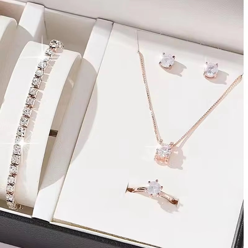 Luxury Women Ring Necklace Earrings Rhinestone Bracelet Female Casual Ladies Jewelry Set