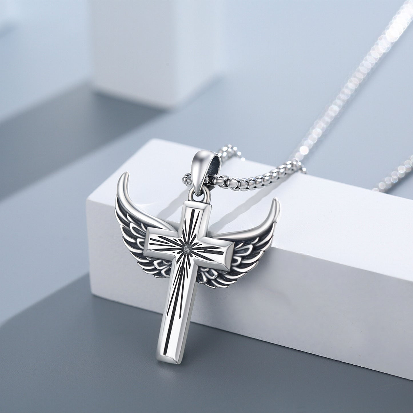 Cross Necklace 925 Sterling Silver Angel Wings Pendant Necklaces Christian Jewelry Birthday Gift for Men Women Boys Daughter Mom Son